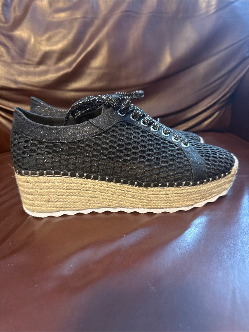 INC International Concepts Asina Mesh Wedge Sneakers Black Glitter